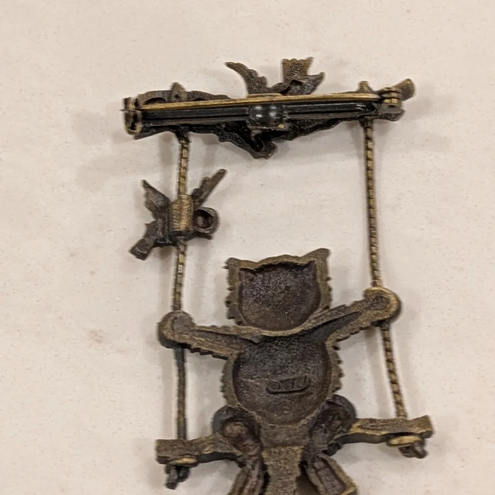 Vintage 1980s Signed J.J. Cat Swinging On Swing w/Birds Matte Bronze